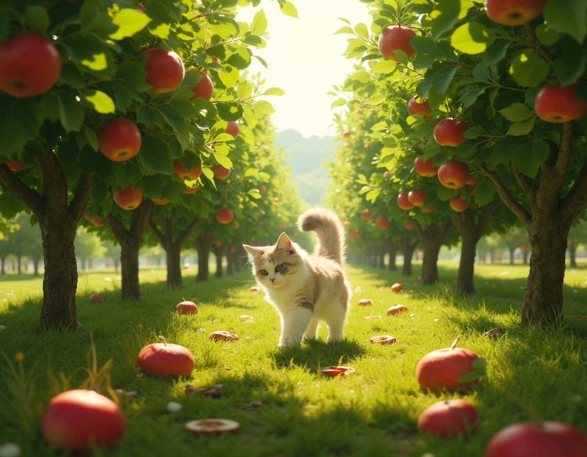 Cat explores an orchard filled with fragrant fruit and dappled sunlight.